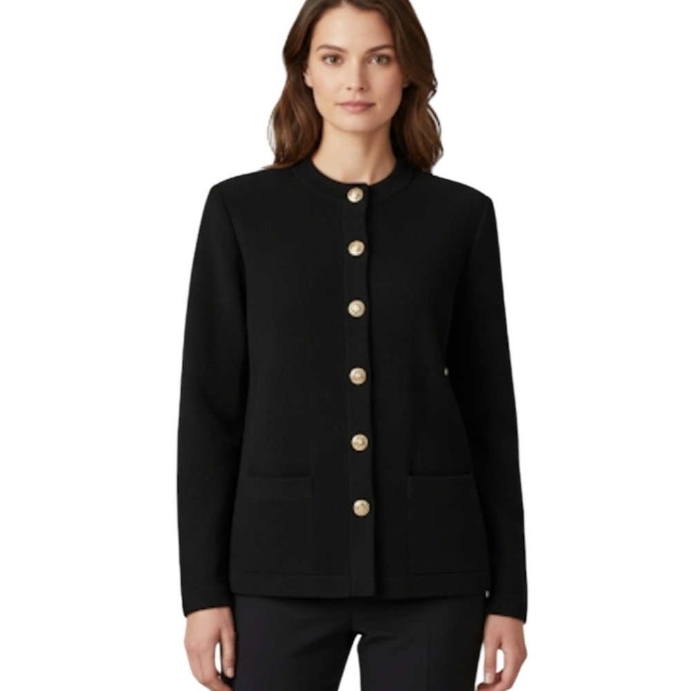 St. John Black Cardigan Blazer with Gold Accent Buttons